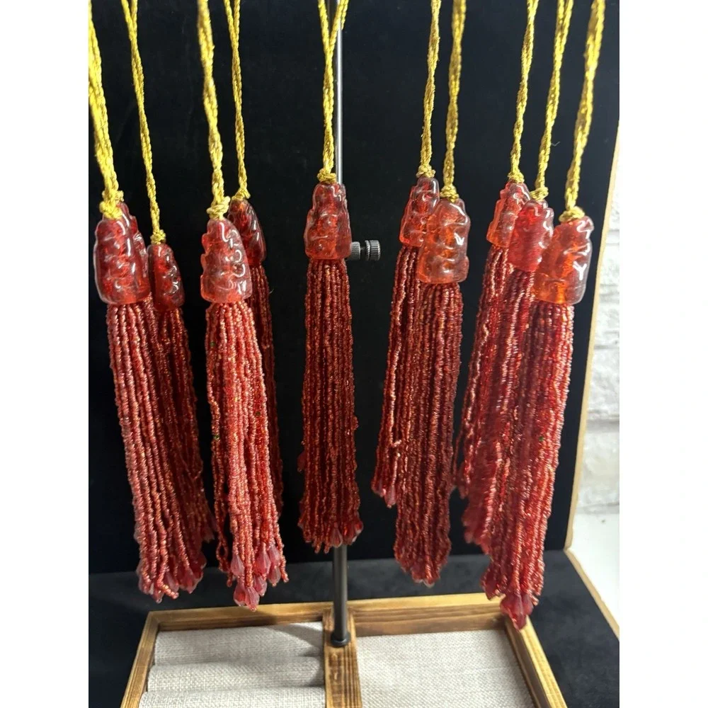 Lot Of 12 Red Glass‎ Bead Tassel Ornaments Vintage Christmas Gold String